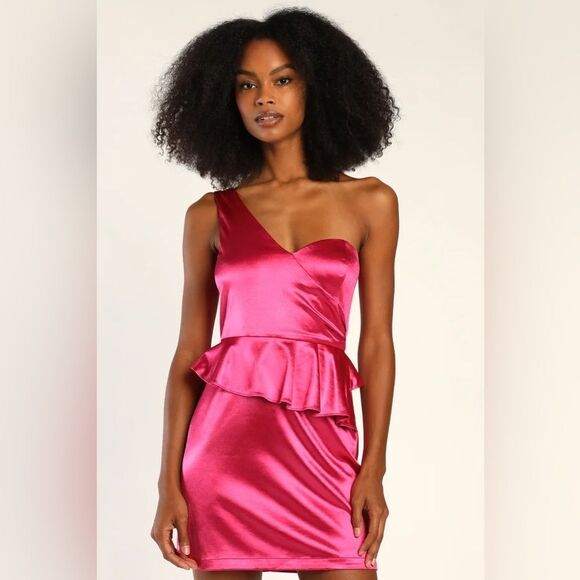 NWT Lulus Flirtatious Energy Pink Satin One-Shoulder Bodycon Mini Dress - Picture 8 of 8